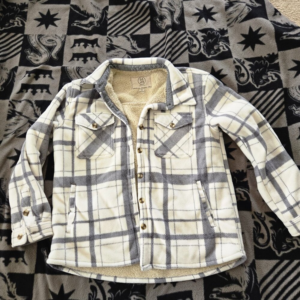 SAGE Collective Plaid Sherpa Lined Jacket Women's M White Gray Button Pockets